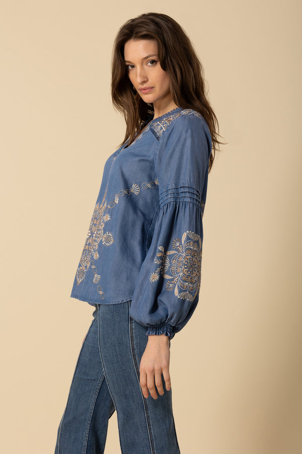 EMBROIDERED LONG SLEEVE TOP - BLUE