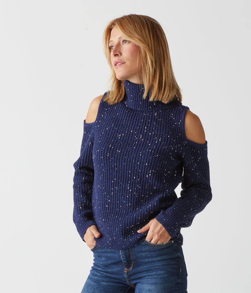 ELISABETH COLD SHOULDER SEQUIN SWEATER