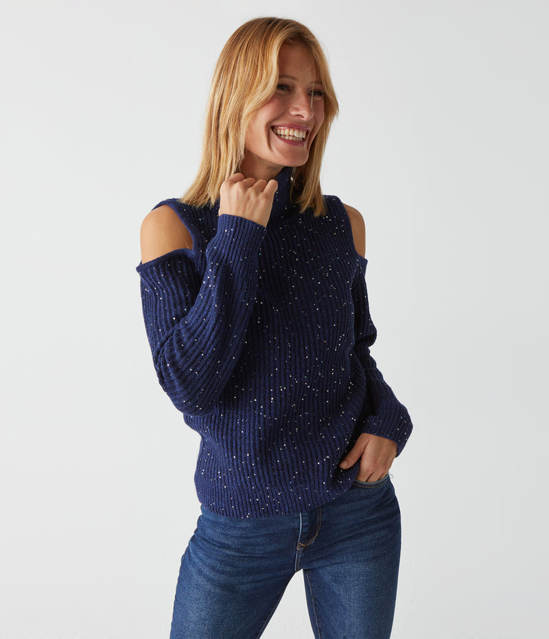 ELISABETH COLD SHOULDER SEQUIN SWEATER