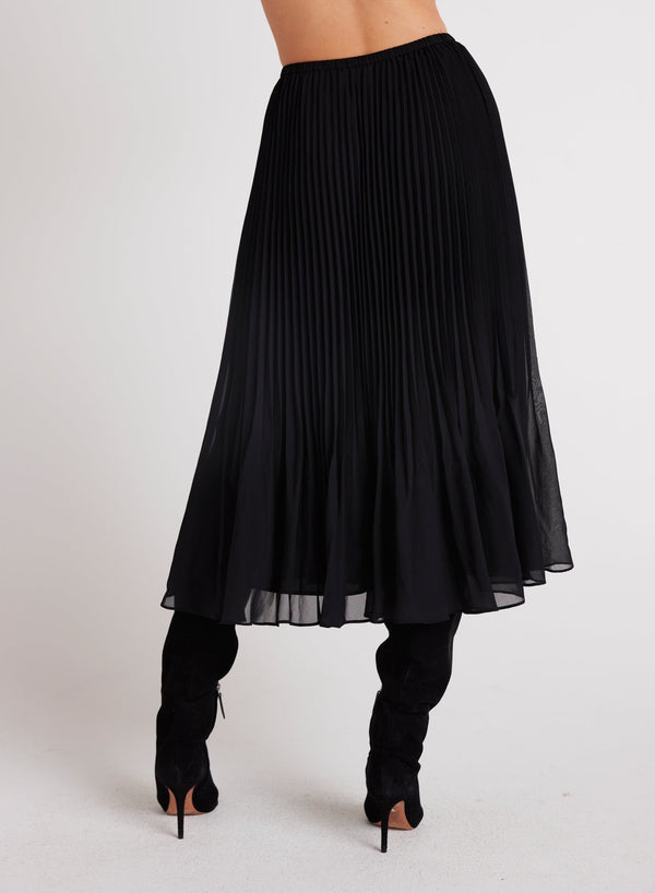 SUNBURST PLEATED CHIFFON MIDI SKIRT - BLK