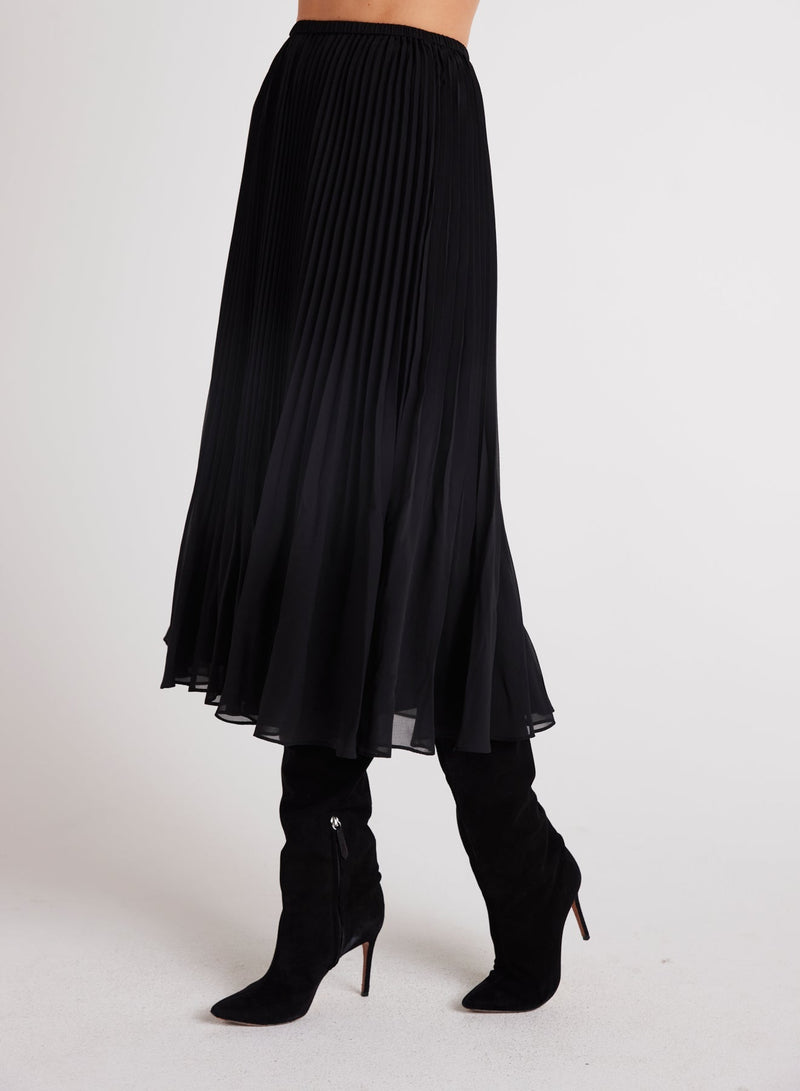 SUNBURST PLEATED CHIFFON MIDI SKIRT - BLK